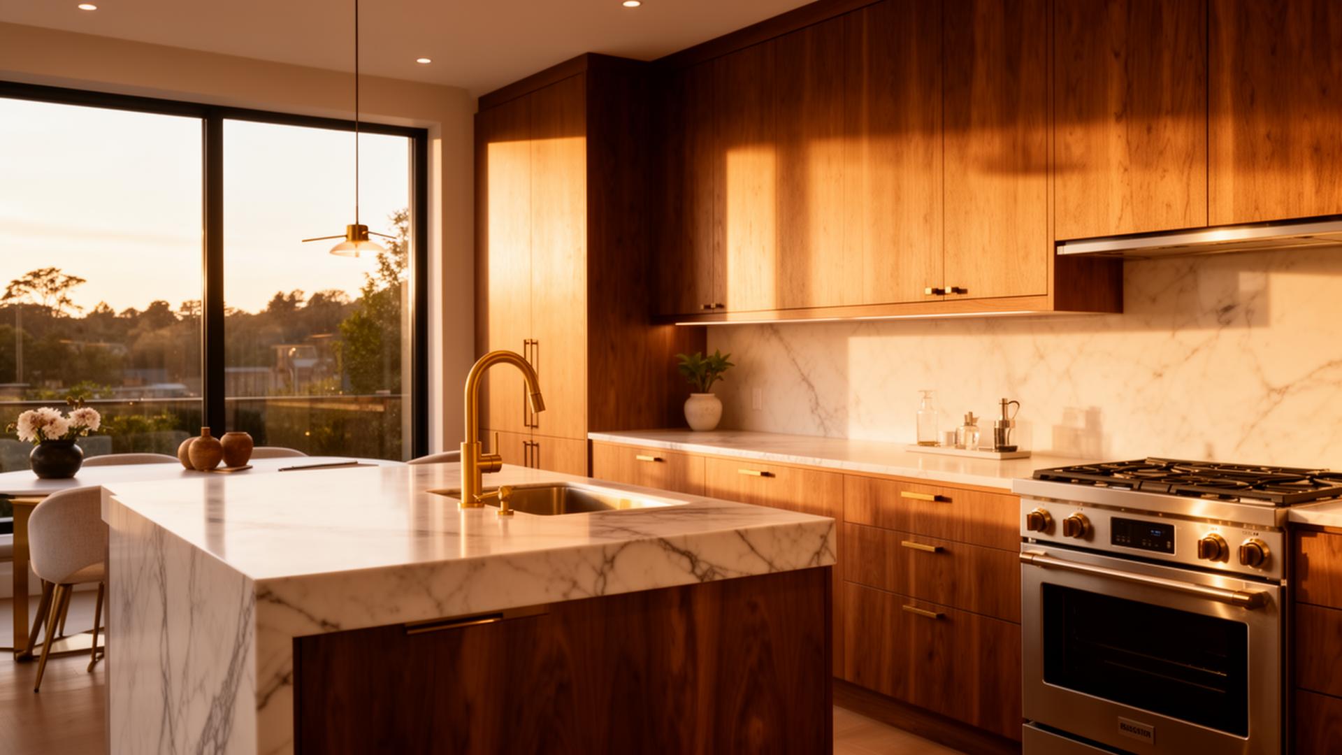 Modern remodeled kitchen with walnut cabinetry and marble island